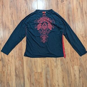 Y2K Guess Long Sleeve Black Red Graphic Stripe V-Neck‎ Women's XL Cotton Vintage